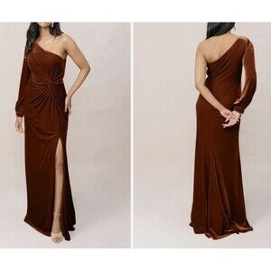 Revelry Aurora Rust Velvet Dress Women Size 8 One Shoulder Slit Bridesmaid -Flaw